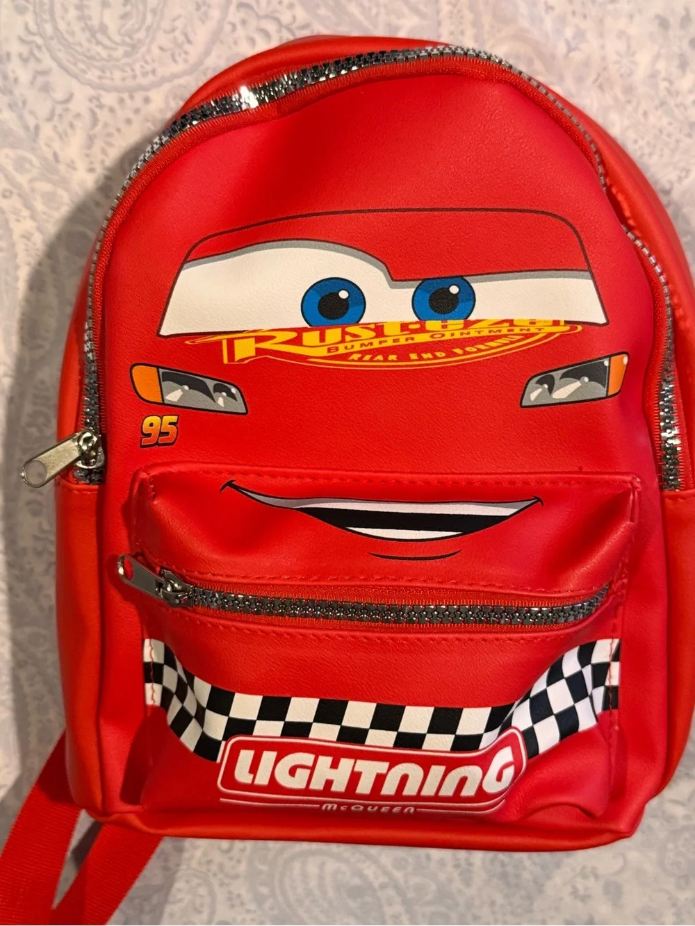 Disney Lightning McQueen Faux Pebbled Red Leather Backpack with Checker Accent